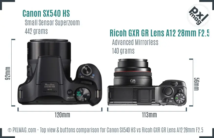 Canon SX540 HS vs Ricoh GXR GR Lens A12 28mm F2.5 top view buttons comparison Canon SX540 HS vs Ricoh GXR GR Lens A12 28mm F2.5 top view buttons comparison