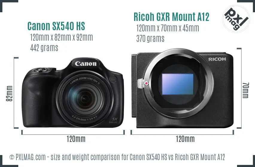 Canon SX540 HS vs Ricoh GXR Mount A12 size comparison