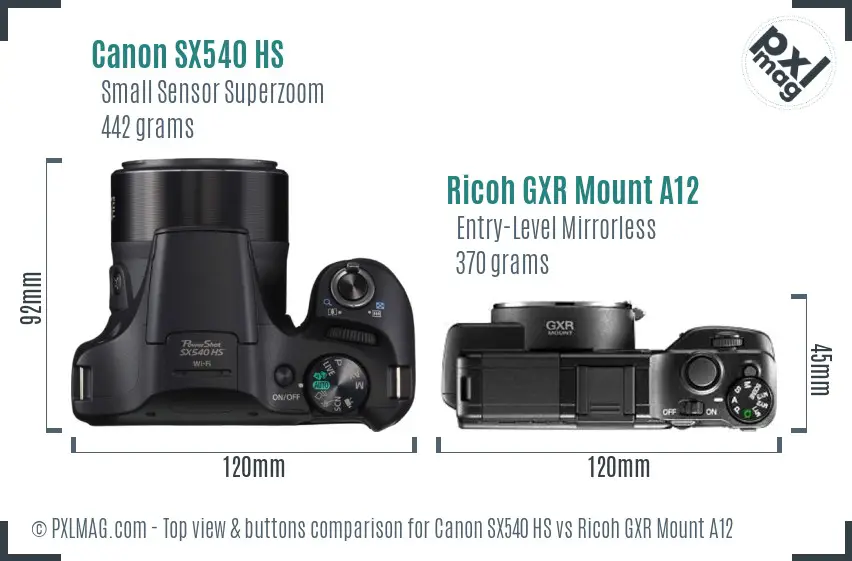 Canon SX540 HS vs Ricoh GXR Mount A12 top view buttons comparison