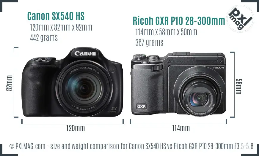 Canon SX540 HS vs Ricoh GXR P10 28-300mm F3.5-5.6 VC size comparison