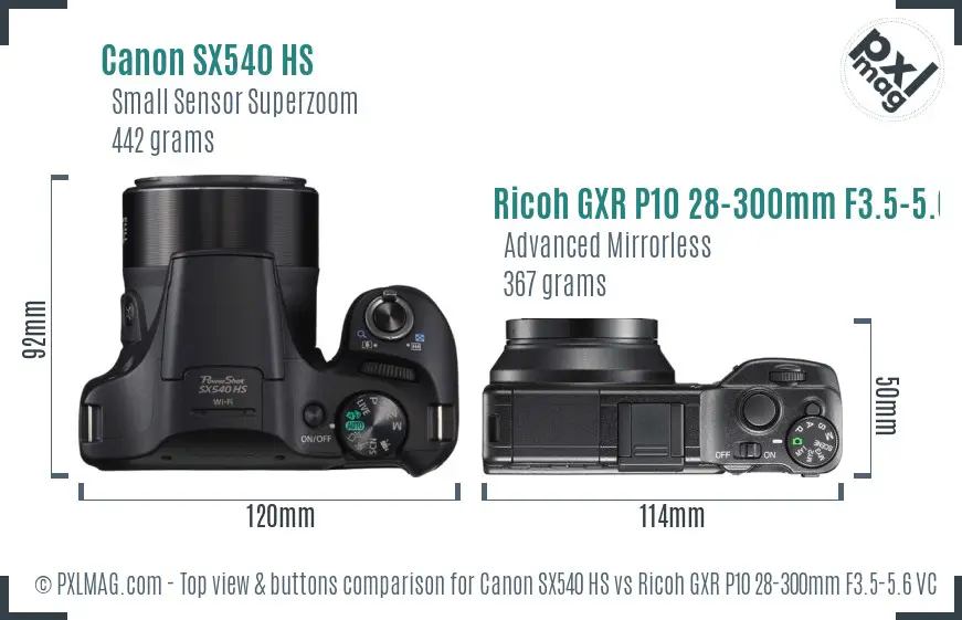 Canon SX540 HS vs Ricoh GXR P10 28-300mm F3.5-5.6 VC top view buttons comparison