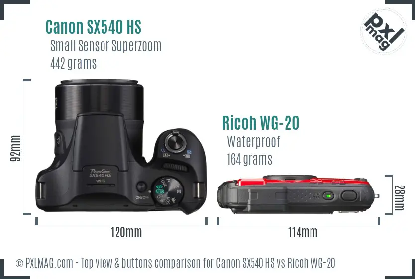 Canon SX540 HS vs Ricoh WG-20 top view buttons comparison Canon SX540 HS vs Ricoh WG-20 top view buttons comparison