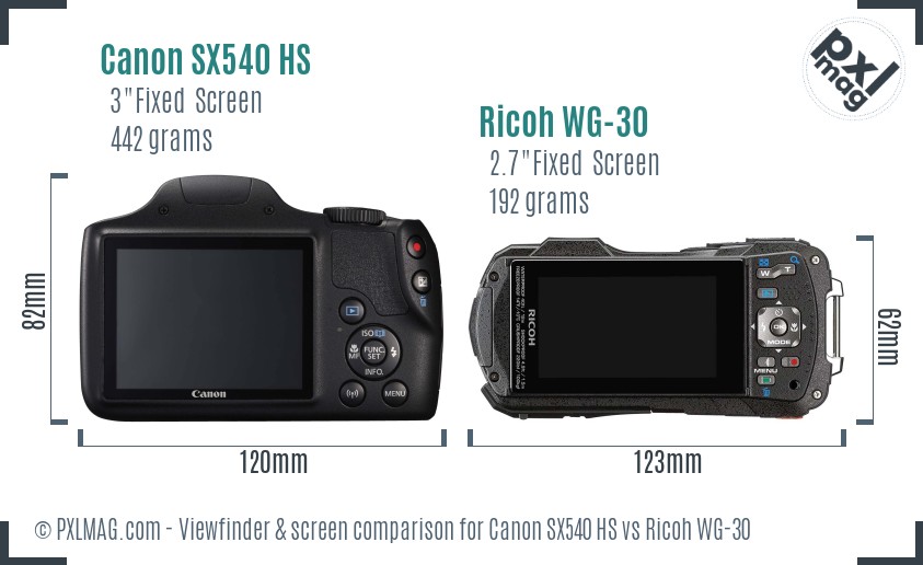 Canon SX540 HS vs Ricoh WG-30 Screen and Viewfinder comparison
