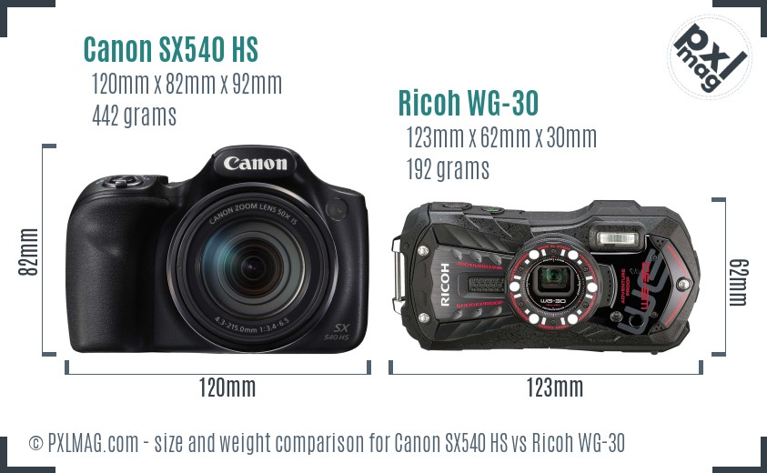 Canon SX540 HS vs Ricoh WG-30 size comparison