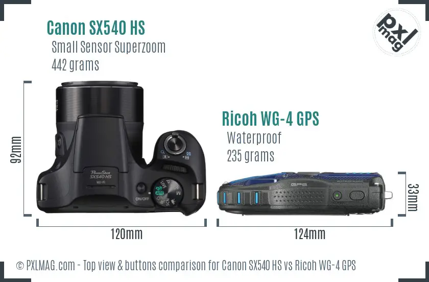 Canon SX540 HS vs Ricoh WG-4 GPS top view buttons comparison Canon SX540 HS vs Ricoh WG-4 GPS top view buttons comparison