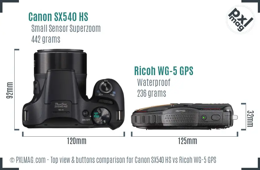 Canon SX540 HS vs Ricoh WG-5 GPS top view buttons comparison