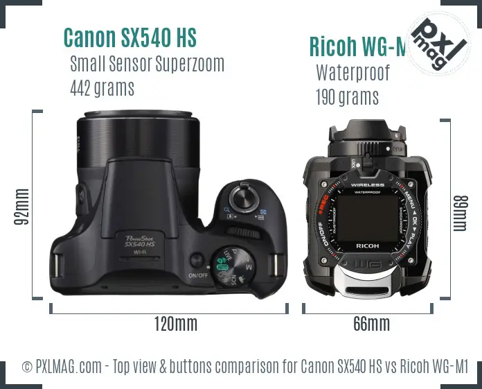 Canon SX540 HS vs Ricoh WG-M1 top view buttons comparison Canon SX540 HS vs Ricoh WG-M1 top view buttons comparison