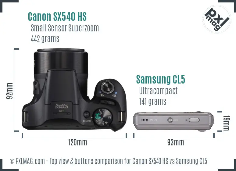 Canon SX540 HS vs Samsung CL5 top view buttons comparison Canon SX540 HS vs Samsung CL5 top view buttons comparison