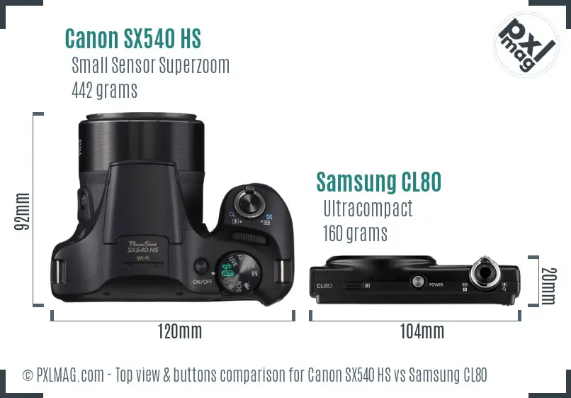 Canon SX540 HS vs Samsung CL80 top view buttons comparison Canon SX540 HS vs Samsung CL80 top view buttons comparison
