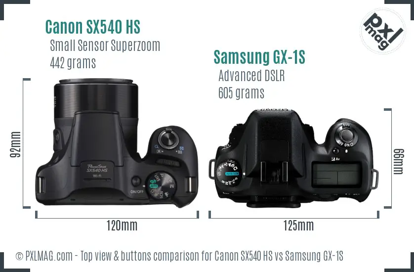 Canon SX540 HS vs Samsung GX-1S top view buttons comparison Canon SX540 HS vs Samsung GX-1S top view buttons comparison