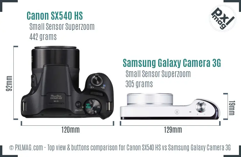 Canon SX540 HS vs Samsung Galaxy Camera 3G top view buttons comparison