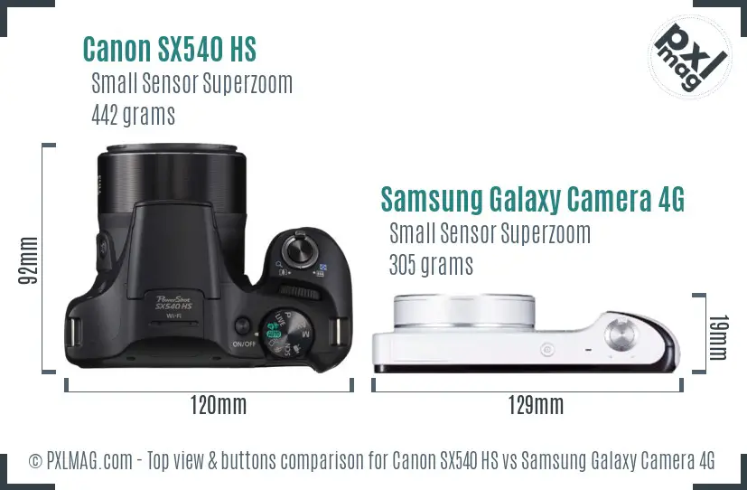 Canon SX540 HS vs Samsung Galaxy Camera 4G top view buttons comparison