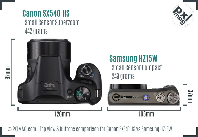 Canon SX540 HS vs Samsung HZ15W top view buttons comparison