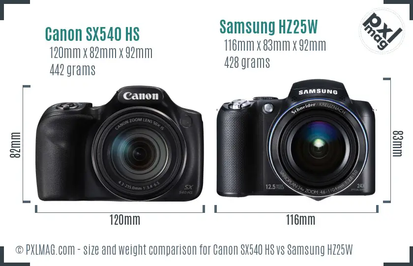 Canon SX540 HS vs Samsung HZ25W size comparison