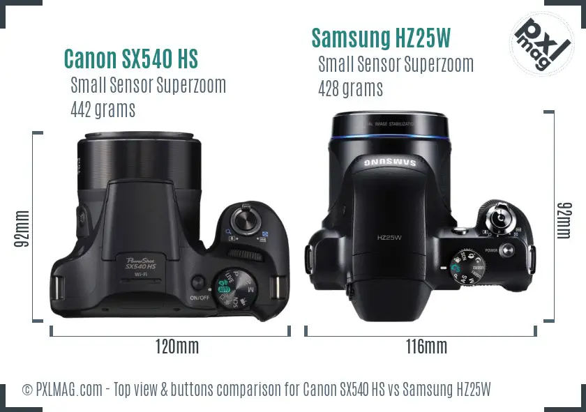 Canon SX540 HS vs Samsung HZ25W top view buttons comparison