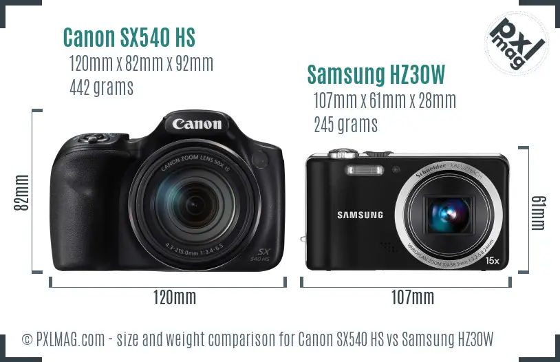 Canon SX540 HS vs Samsung HZ30W size comparison