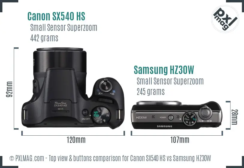 Canon SX540 HS vs Samsung HZ30W top view buttons comparison