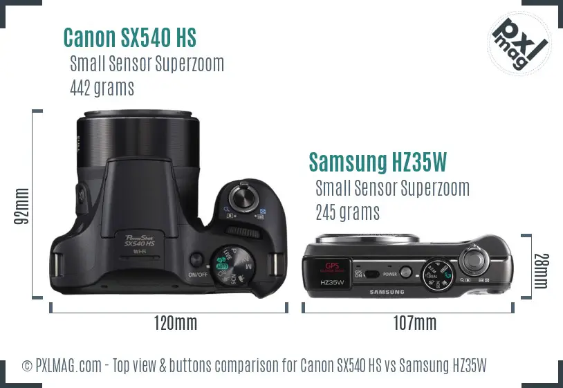 Canon SX540 HS vs Samsung HZ35W top view buttons comparison Canon SX540 HS vs Samsung HZ35W top view buttons comparison