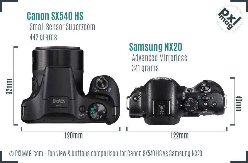 Canon SX540 HS vs Samsung NX20 top view buttons comparison Canon SX540 HS vs Samsung NX20 top view buttons comparison