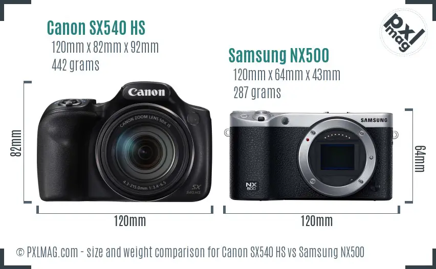 Canon SX540 HS vs Samsung NX500 size comparison