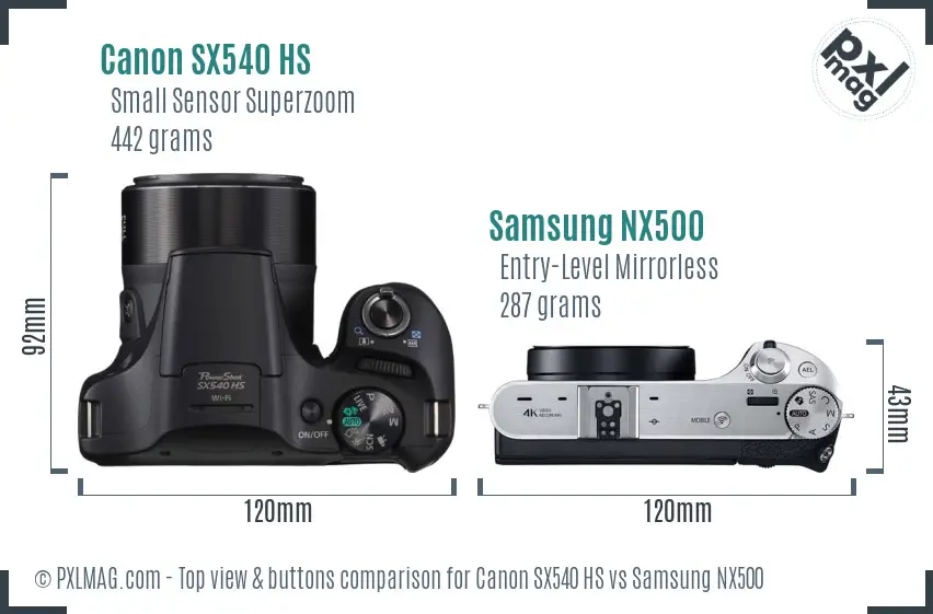 Canon SX540 HS vs Samsung NX500 top view buttons comparison