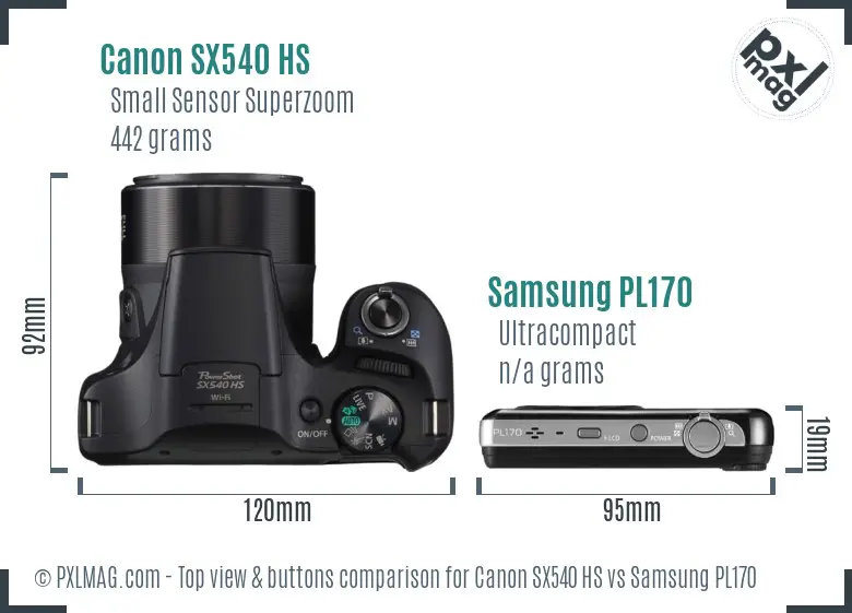 Canon SX540 HS vs Samsung PL170 top view buttons comparison