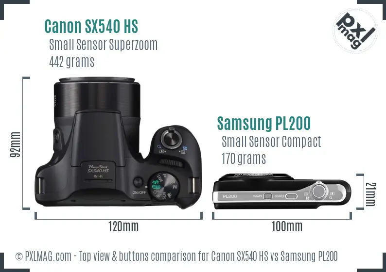 Canon SX540 HS vs Samsung PL200 top view buttons comparison