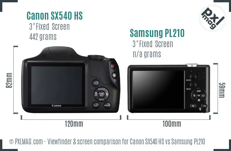 Canon SX540 HS vs Samsung PL210 Screen and Viewfinder comparison