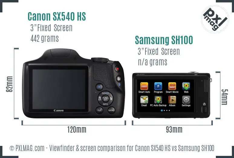 Canon SX540 HS vs Samsung SH100 Screen and Viewfinder comparison