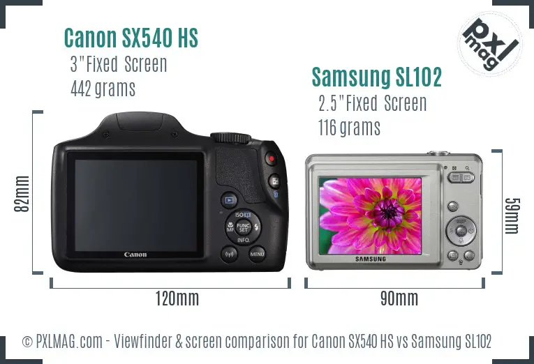 Canon SX540 HS vs Samsung SL102 Screen and Viewfinder comparison