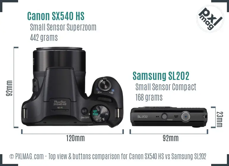 Canon SX540 HS vs Samsung SL202 top view buttons comparison Canon SX540 HS vs Samsung SL202 top view buttons comparison