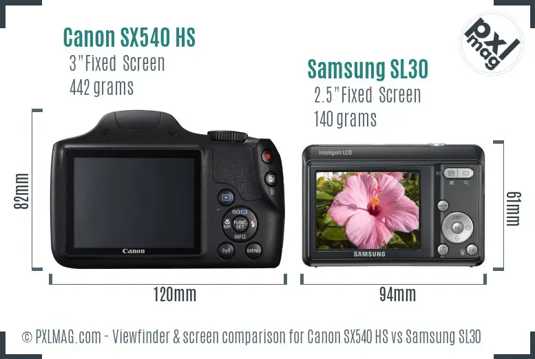 Canon SX540 HS vs Samsung SL30 Screen and Viewfinder comparison