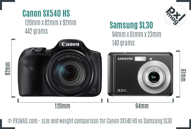 Canon SX540 HS vs Samsung SL30 size comparison