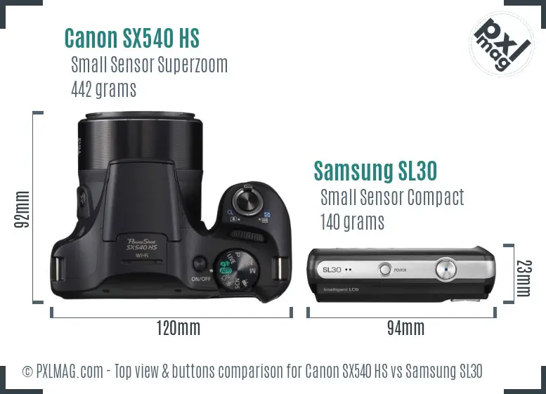 Canon SX540 HS vs Samsung SL30 top view buttons comparison