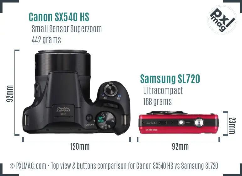 Canon SX540 HS vs Samsung SL720 top view buttons comparison