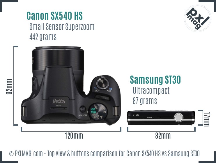 Canon SX540 HS vs Samsung ST30 top view buttons comparison