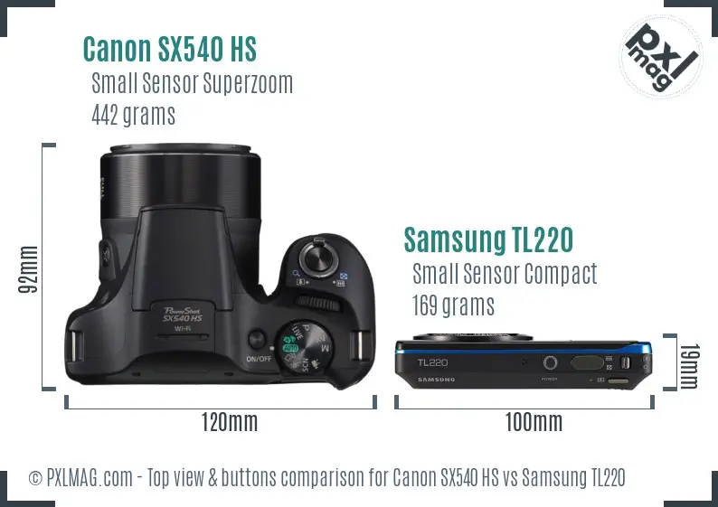 Canon SX540 HS vs Samsung TL220 top view buttons comparison