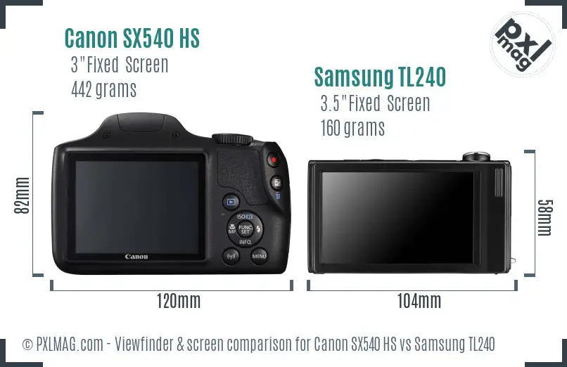 Canon SX540 HS vs Samsung TL240 Screen and Viewfinder comparison