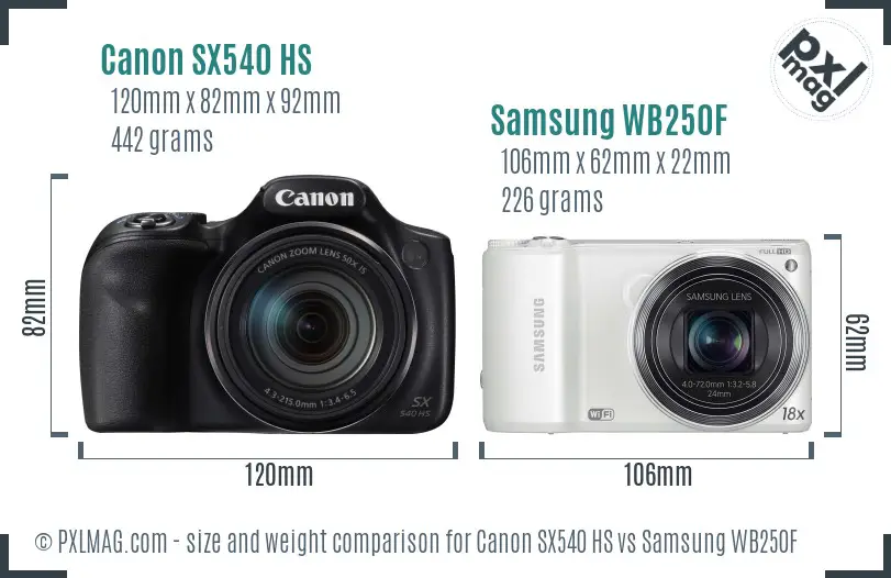 Canon SX540 HS vs Samsung WB250F size comparison