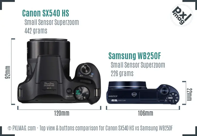 Canon SX540 HS vs Samsung WB250F top view buttons comparison