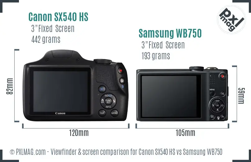 Canon SX540 HS vs Samsung WB750 Screen and Viewfinder comparison