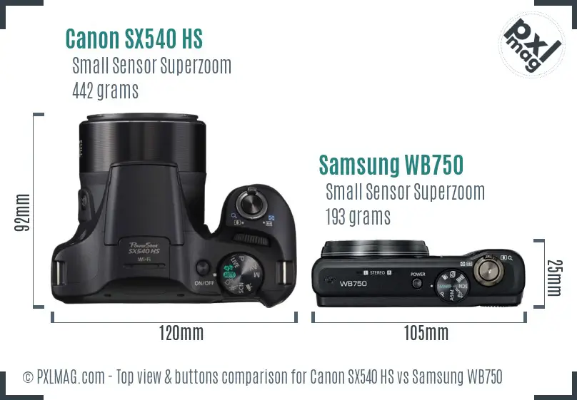 Canon SX540 HS vs Samsung WB750 top view buttons comparison
