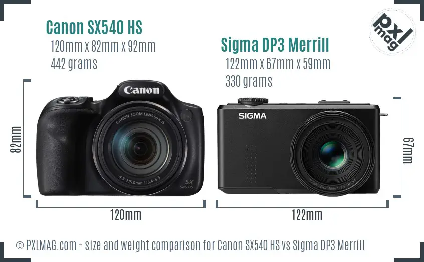 Canon SX540 HS vs Sigma DP3 Merrill size comparison