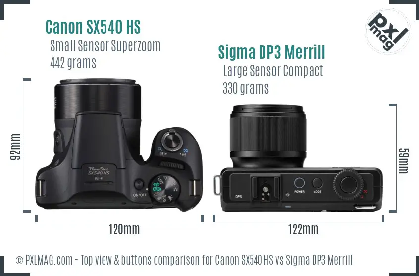 Canon SX540 HS vs Sigma DP3 Merrill top view buttons comparison