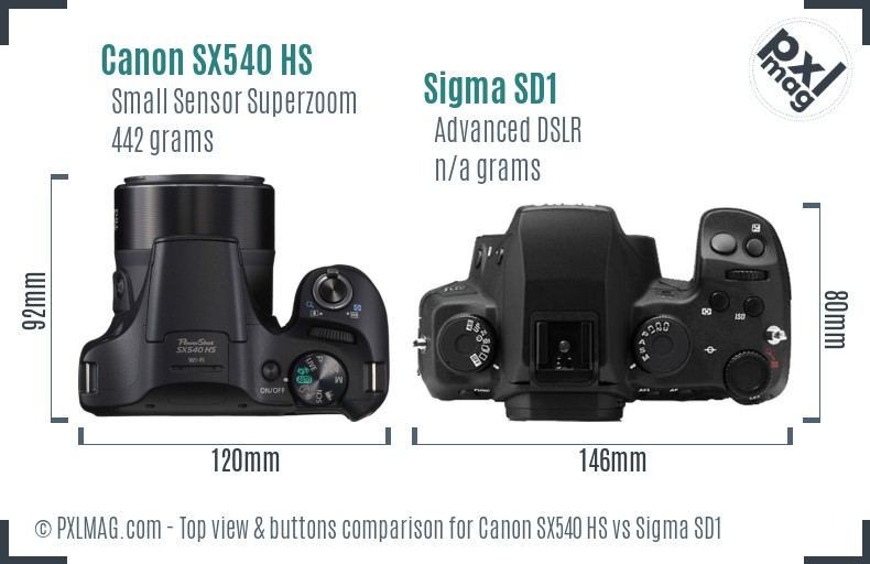Canon SX540 HS vs Sigma SD1 top view buttons comparison