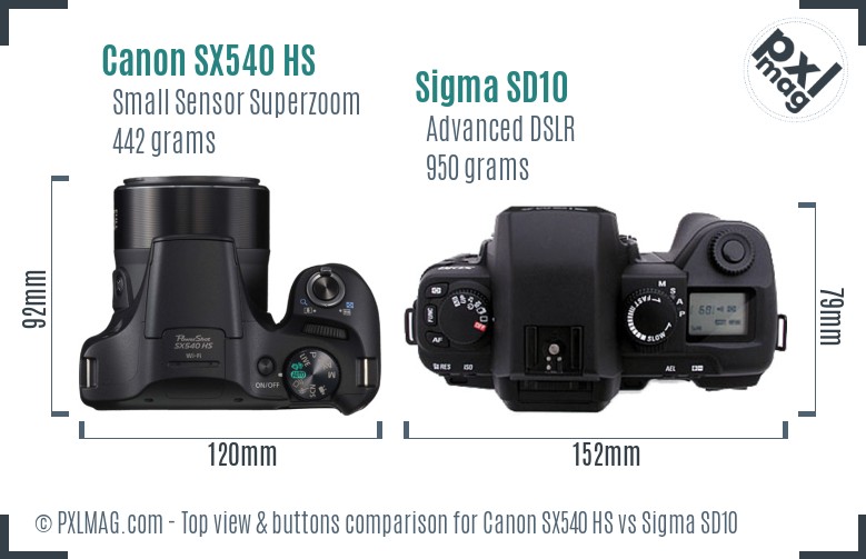Canon SX540 HS vs Sigma SD10 top view buttons comparison