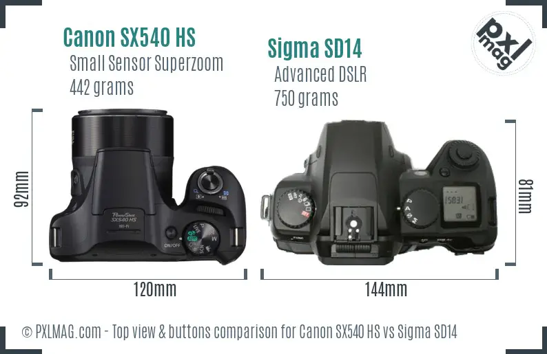 Canon SX540 HS vs Sigma SD14 top view buttons comparison