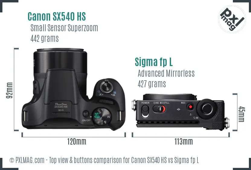 Canon SX540 HS vs Sigma fp L top view buttons comparison Canon SX540 HS vs Sigma fp L top view buttons comparison