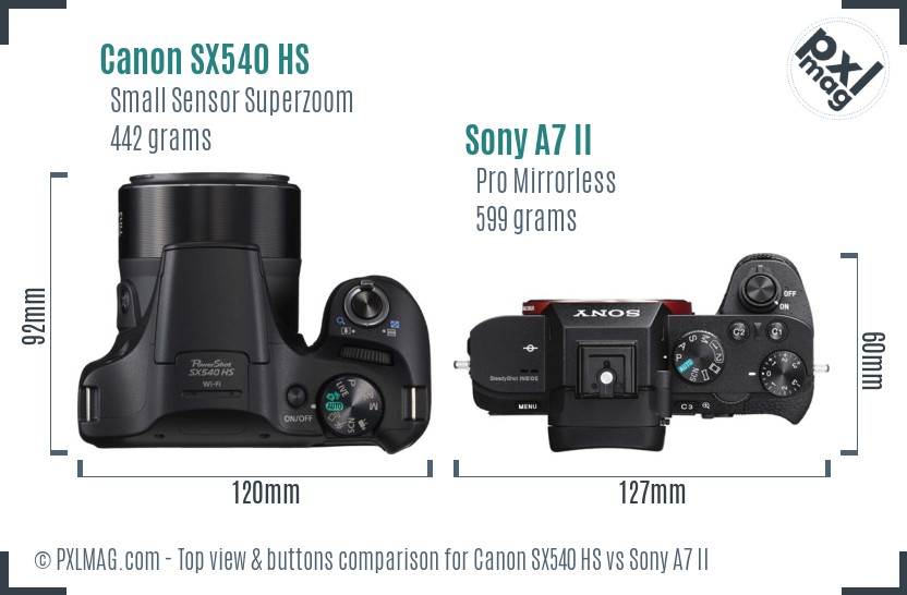 Canon SX540 HS vs Sony A7 II top view buttons comparison