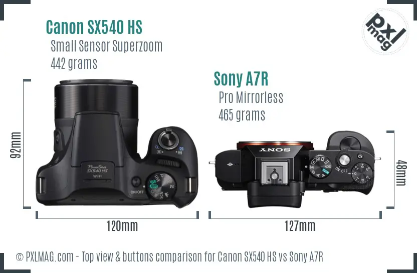 Canon SX540 HS vs Sony A7R top view buttons comparison Canon SX540 HS vs Sony A7R top view buttons comparison